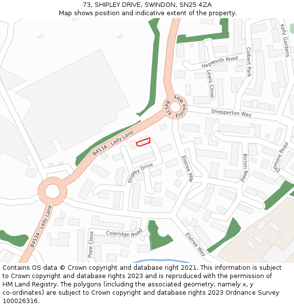 73, SHIPLEY DRIVE, SWINDON, SN25 4ZA: Location map and indicative extent of plot