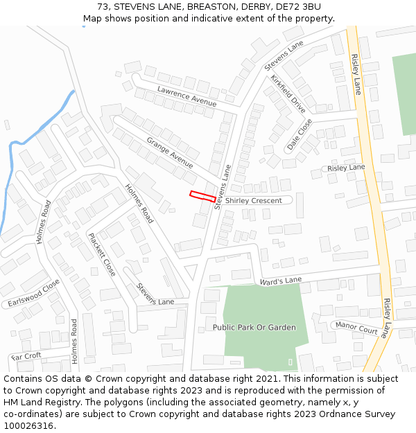 73, STEVENS LANE, BREASTON, DERBY, DE72 3BU: Location map and indicative extent of plot