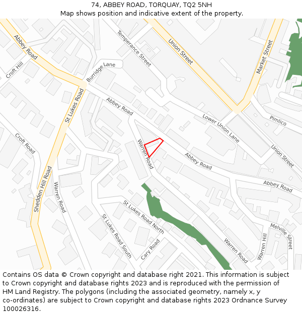 74, ABBEY ROAD, TORQUAY, TQ2 5NH: Location map and indicative extent of plot