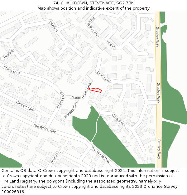 74, CHALKDOWN, STEVENAGE, SG2 7BN: Location map and indicative extent of plot