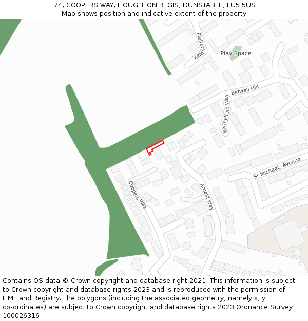 74, COOPERS WAY, HOUGHTON REGIS, DUNSTABLE, LU5 5US: Location map and indicative extent of plot