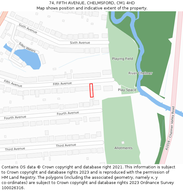 74, FIFTH AVENUE, CHELMSFORD, CM1 4HD: Location map and indicative extent of plot