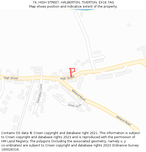 74, HIGH STREET, HALBERTON, TIVERTON, EX16 7AG: Location map and indicative extent of plot