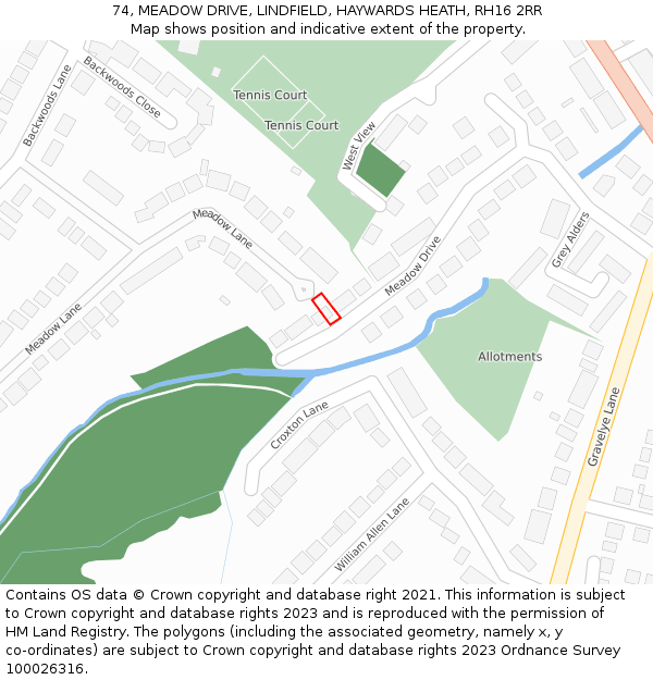 74, MEADOW DRIVE, LINDFIELD, HAYWARDS HEATH, RH16 2RR: Location map and indicative extent of plot