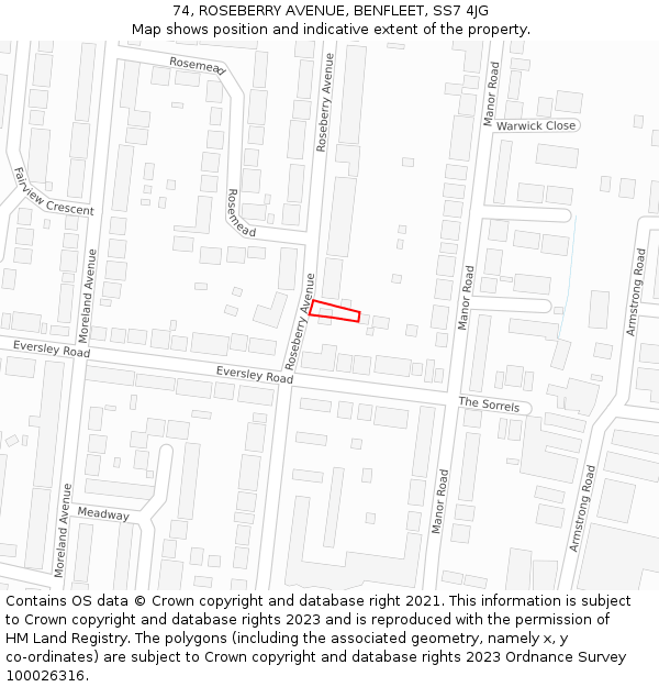 74, ROSEBERRY AVENUE, BENFLEET, SS7 4JG: Location map and indicative extent of plot