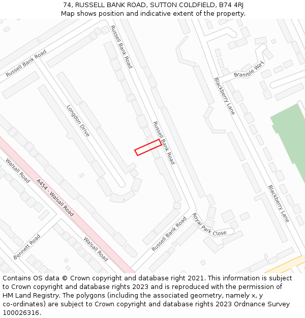 74, RUSSELL BANK ROAD, SUTTON COLDFIELD, B74 4RJ: Location map and indicative extent of plot