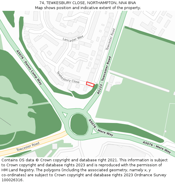 74, TEWKESBURY CLOSE, NORTHAMPTON, NN4 8NA: Location map and indicative extent of plot