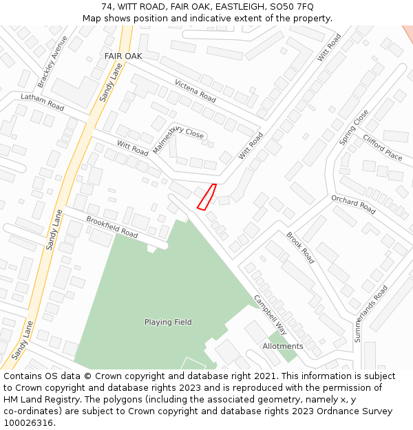 74, WITT ROAD, FAIR OAK, EASTLEIGH, SO50 7FQ: Location map and indicative extent of plot