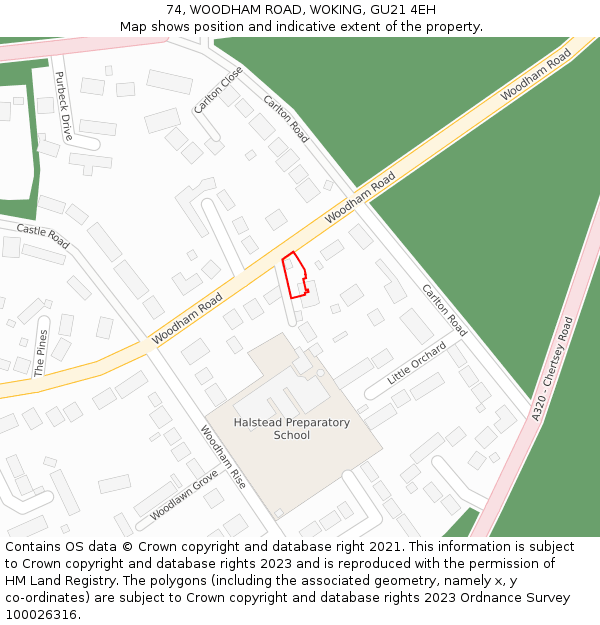74, WOODHAM ROAD, WOKING, GU21 4EH: Location map and indicative extent of plot