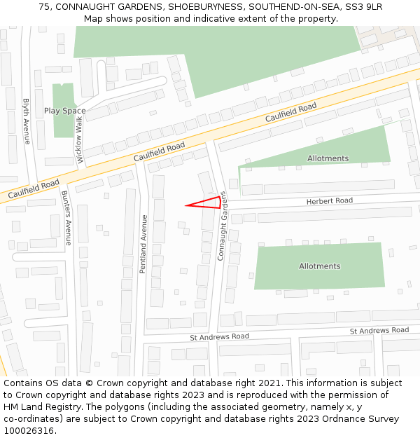 75, CONNAUGHT GARDENS, SHOEBURYNESS, SOUTHEND-ON-SEA, SS3 9LR: Location map and indicative extent of plot