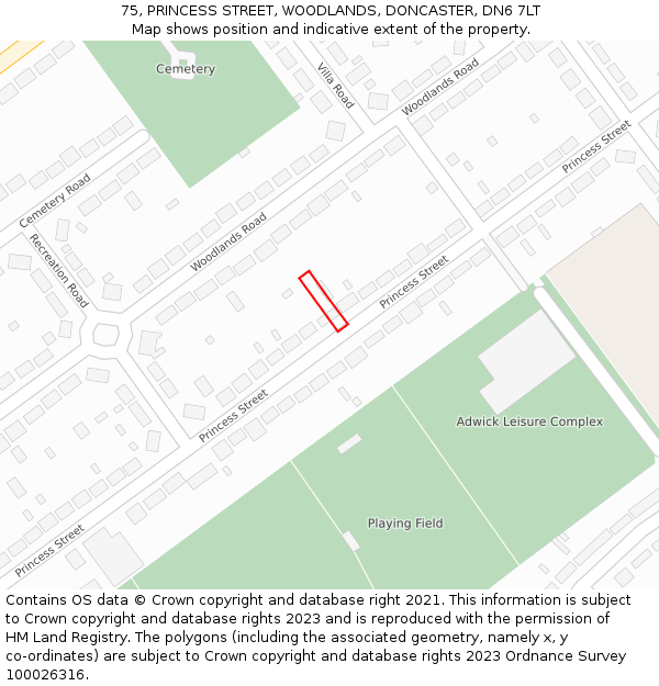 75, PRINCESS STREET, WOODLANDS, DONCASTER, DN6 7LT: Location map and indicative extent of plot