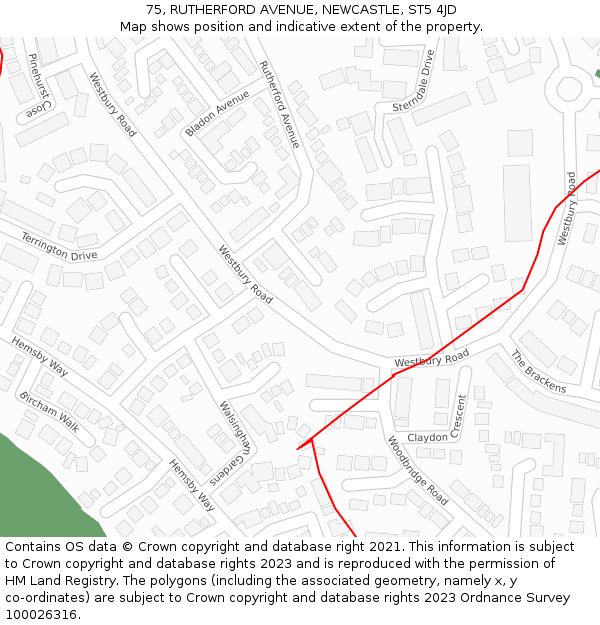 75, RUTHERFORD AVENUE, NEWCASTLE, ST5 4JD: Location map and indicative extent of plot