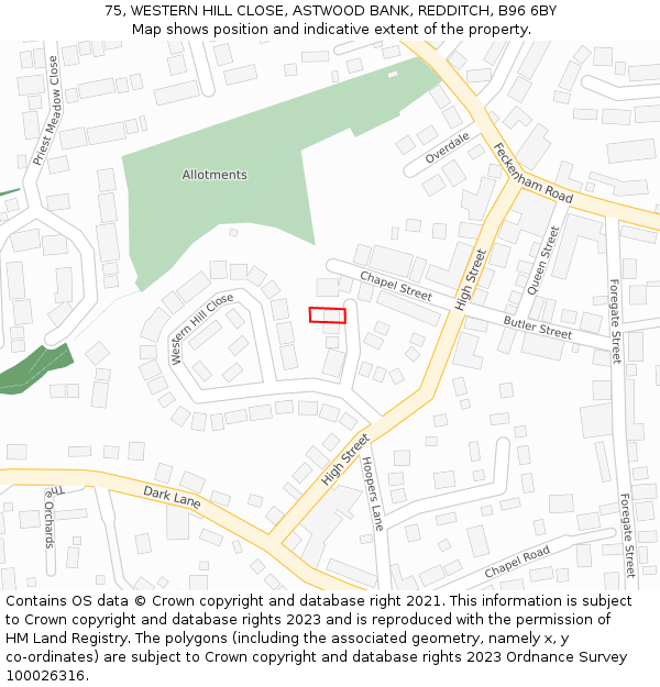 75, WESTERN HILL CLOSE, ASTWOOD BANK, REDDITCH, B96 6BY: Location map and indicative extent of plot