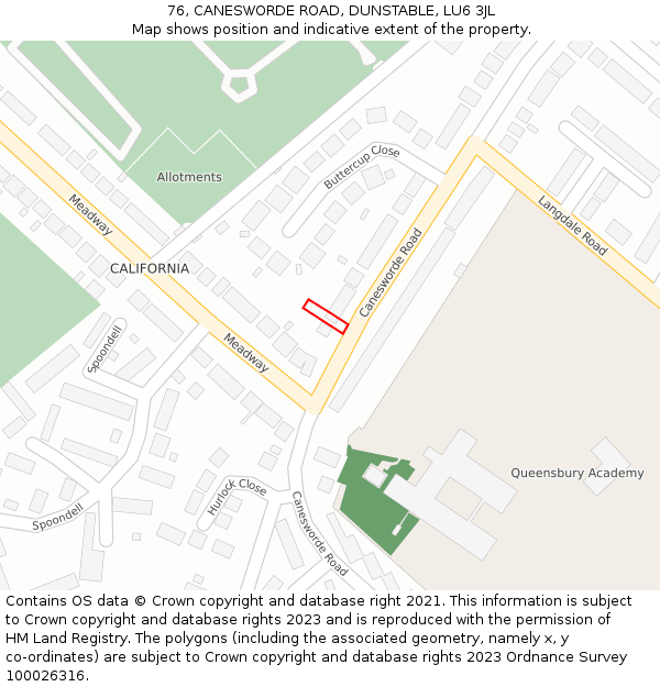 76, CANESWORDE ROAD, DUNSTABLE, LU6 3JL: Location map and indicative extent of plot