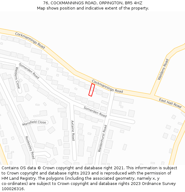 76, COCKMANNINGS ROAD, ORPINGTON, BR5 4HZ: Location map and indicative extent of plot