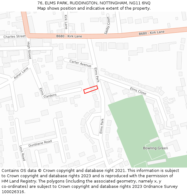 76, ELMS PARK, RUDDINGTON, NOTTINGHAM, NG11 6NQ: Location map and indicative extent of plot