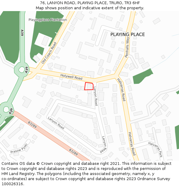 76, LANYON ROAD, PLAYING PLACE, TRURO, TR3 6HF: Location map and indicative extent of plot