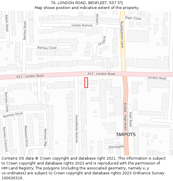 76, LONDON ROAD, BENFLEET, SS7 5TJ: Location map and indicative extent of plot