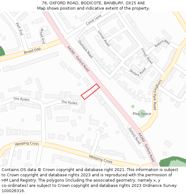 76, OXFORD ROAD, BODICOTE, BANBURY, OX15 4AE: Location map and indicative extent of plot