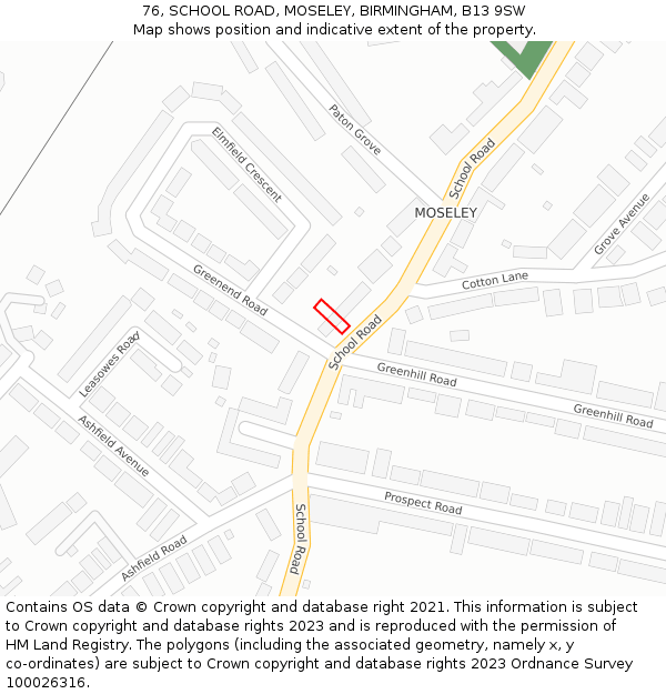 76, SCHOOL ROAD, MOSELEY, BIRMINGHAM, B13 9SW: Location map and indicative extent of plot