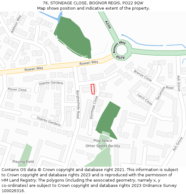 76, STONEAGE CLOSE, BOGNOR REGIS, PO22 9QW: Location map and indicative extent of plot