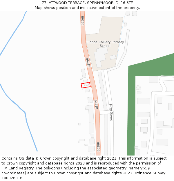 77, ATTWOOD TERRACE, SPENNYMOOR, DL16 6TE: Location map and indicative extent of plot