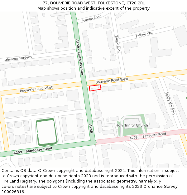 77, BOUVERIE ROAD WEST, FOLKESTONE, CT20 2RL: Location map and indicative extent of plot