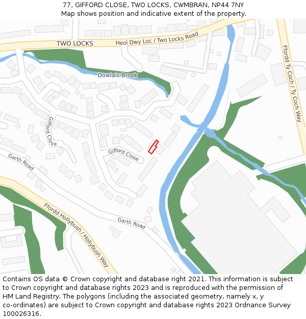 77, GIFFORD CLOSE, TWO LOCKS, CWMBRAN, NP44 7NY: Location map and indicative extent of plot