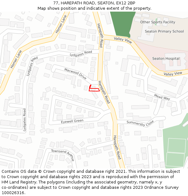 77, HAREPATH ROAD, SEATON, EX12 2BP: Location map and indicative extent of plot