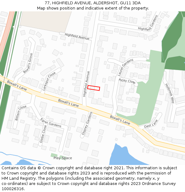 77, HIGHFIELD AVENUE, ALDERSHOT, GU11 3DA: Location map and indicative extent of plot