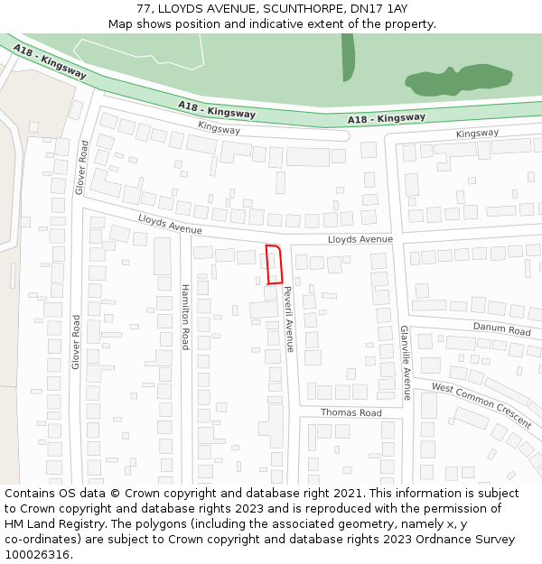 77, LLOYDS AVENUE, SCUNTHORPE, DN17 1AY: Location map and indicative extent of plot