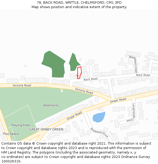 78, BACK ROAD, WRITTLE, CHELMSFORD, CM1 3PD: Location map and indicative extent of plot