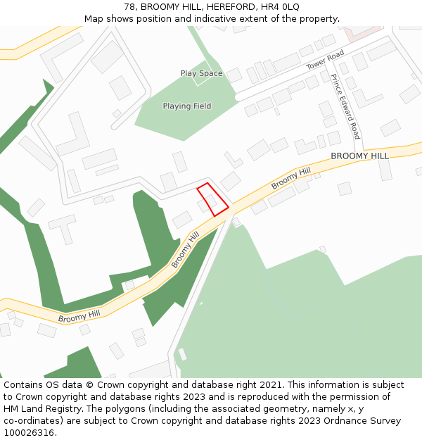 78, BROOMY HILL, HEREFORD, HR4 0LQ: Location map and indicative extent of plot