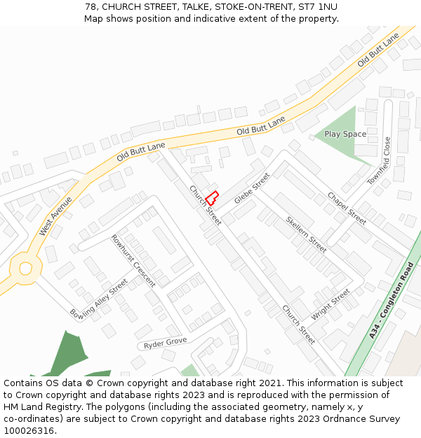 78, CHURCH STREET, TALKE, STOKE-ON-TRENT, ST7 1NU: Location map and indicative extent of plot