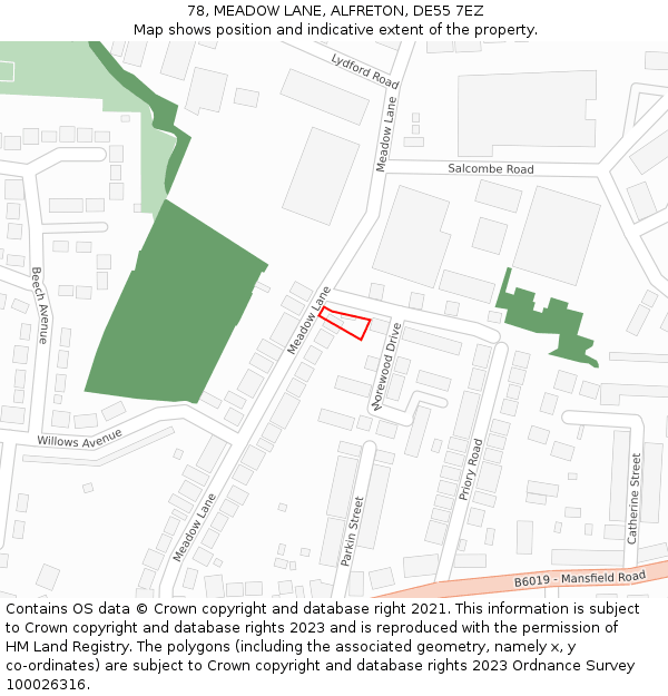 78, MEADOW LANE, ALFRETON, DE55 7EZ: Location map and indicative extent of plot