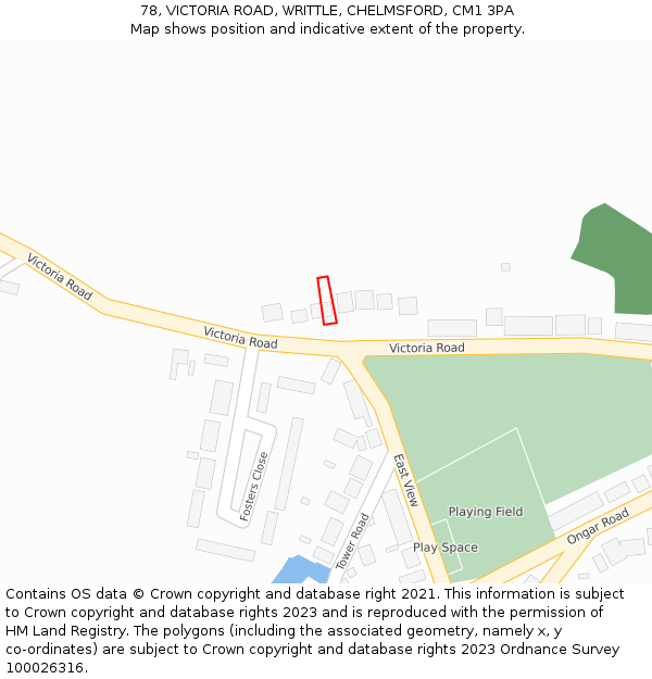 78, VICTORIA ROAD, WRITTLE, CHELMSFORD, CM1 3PA: Location map and indicative extent of plot