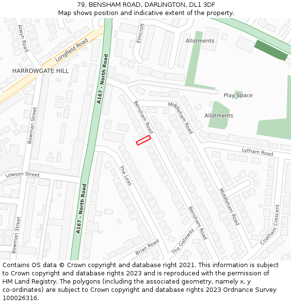 79, BENSHAM ROAD, DARLINGTON, DL1 3DF: Location map and indicative extent of plot