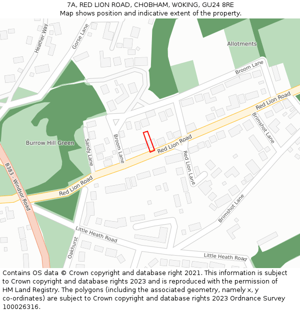 7A, RED LION ROAD, CHOBHAM, WOKING, GU24 8RE: Location map and indicative extent of plot