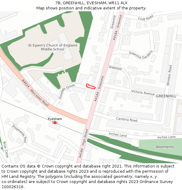 7B, GREENHILL, EVESHAM, WR11 4LX: Location map and indicative extent of plot