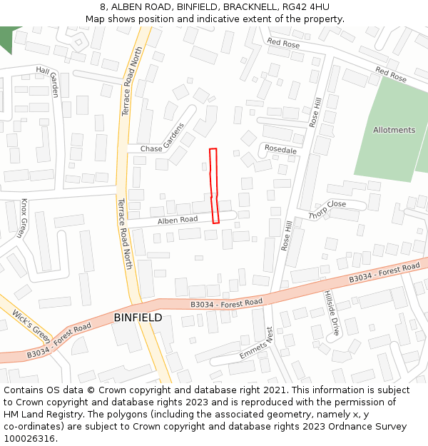 8, ALBEN ROAD, BINFIELD, BRACKNELL, RG42 4HU: Location map and indicative extent of plot