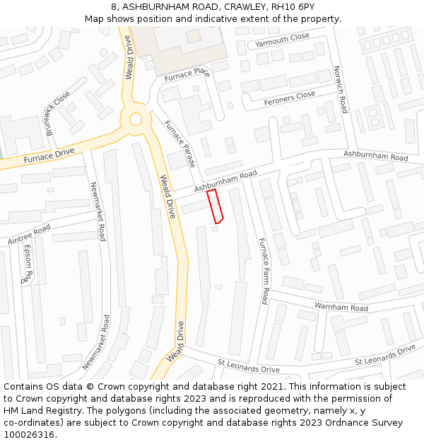 8, ASHBURNHAM ROAD, CRAWLEY, RH10 6PY: Location map and indicative extent of plot