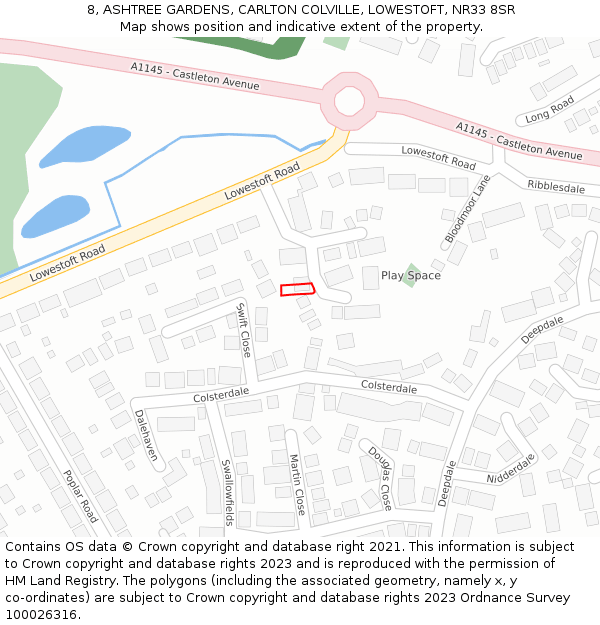 8, ASHTREE GARDENS, CARLTON COLVILLE, LOWESTOFT, NR33 8SR: Location map and indicative extent of plot