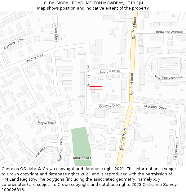 8, BALMORAL ROAD, MELTON MOWBRAY, LE13 1JN: Location map and indicative extent of plot