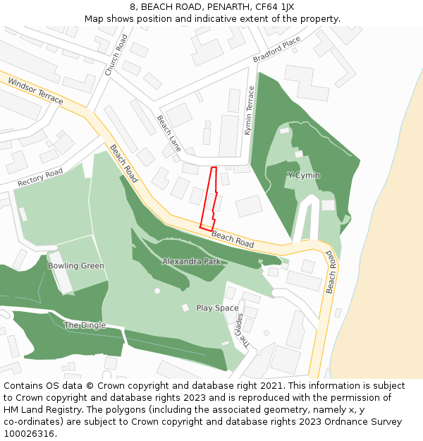 8, BEACH ROAD, PENARTH, CF64 1JX: Location map and indicative extent of plot