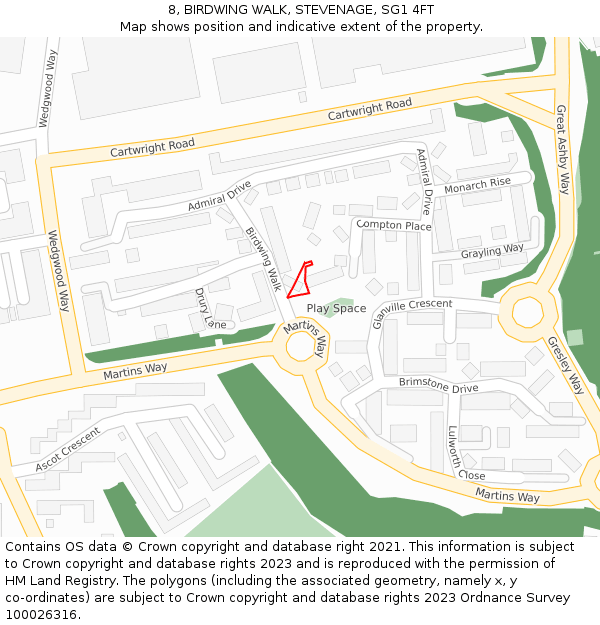 8, BIRDWING WALK, STEVENAGE, SG1 4FT: Location map and indicative extent of plot