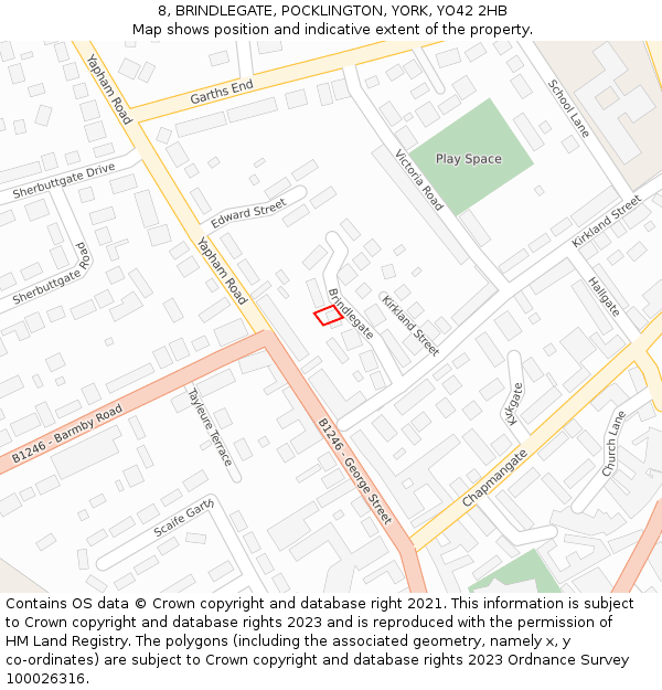 8, BRINDLEGATE, POCKLINGTON, YORK, YO42 2HB: Location map and indicative extent of plot