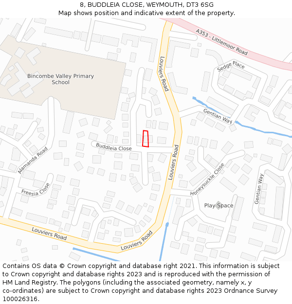 8, BUDDLEIA CLOSE, WEYMOUTH, DT3 6SG: Location map and indicative extent of plot