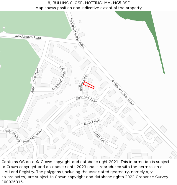 8, BULLINS CLOSE, NOTTINGHAM, NG5 8SE: Location map and indicative extent of plot