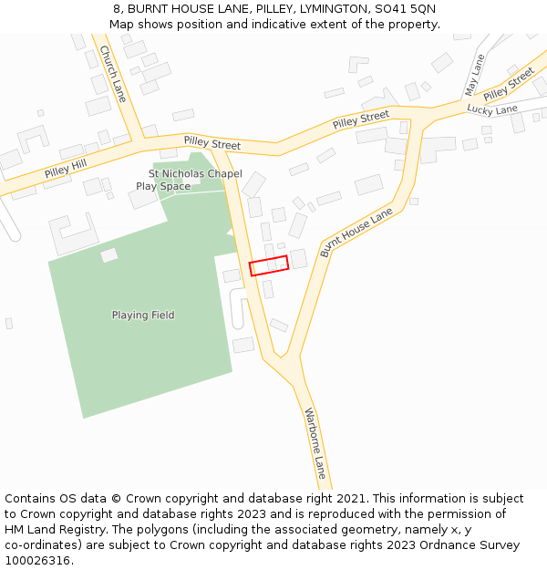 8, BURNT HOUSE LANE, PILLEY, LYMINGTON, SO41 5QN: Location map and indicative extent of plot