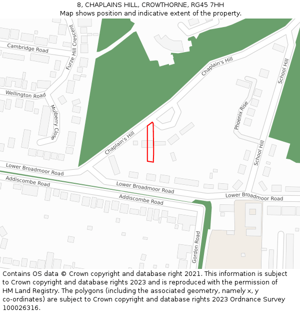 8, CHAPLAINS HILL, CROWTHORNE, RG45 7HH: Location map and indicative extent of plot